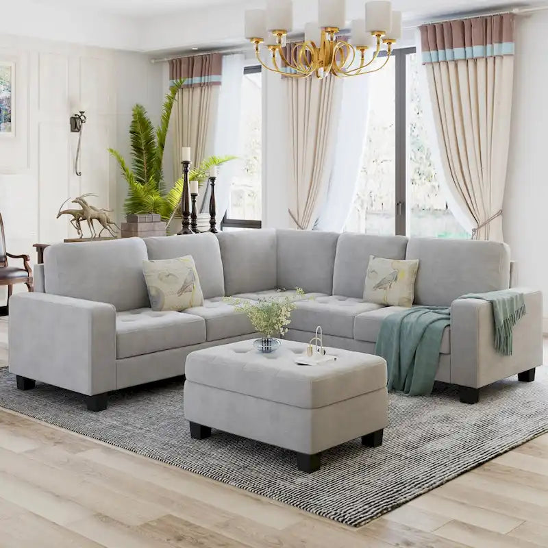 Orisfur. Canapé d'angle modulable en L peu encombrant avec pouf de rangement et porte-gobelets