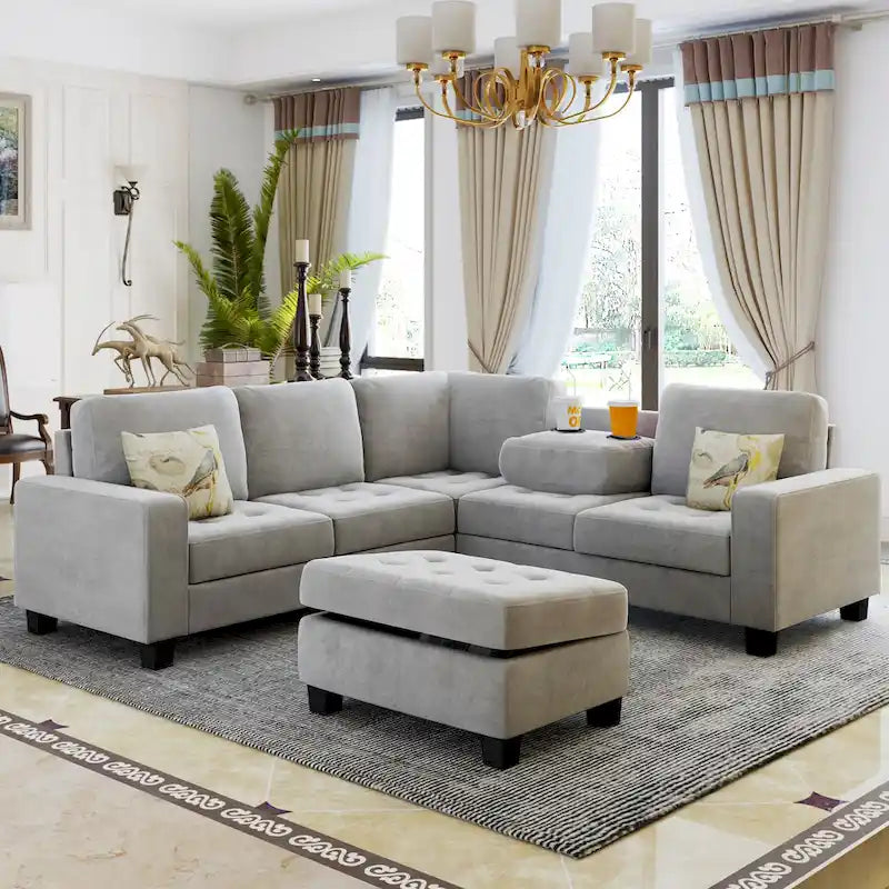Orisfur. Canapé d'angle modulable en L peu encombrant avec pouf de rangement et porte-gobelets