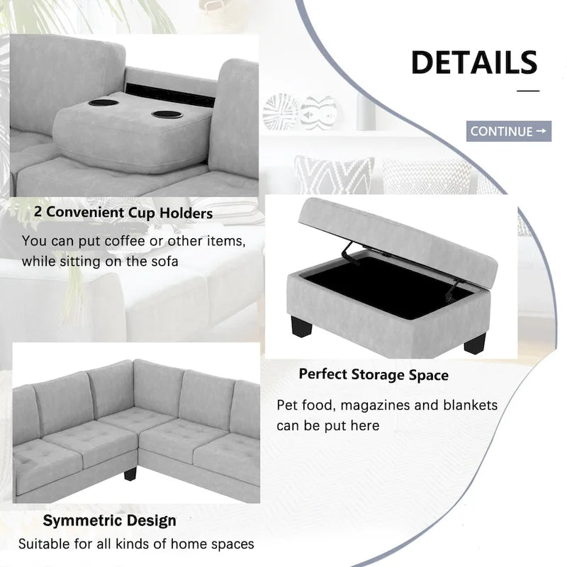 Orisfur. Canapé d'angle modulable en L peu encombrant avec pouf de rangement et porte-gobelets