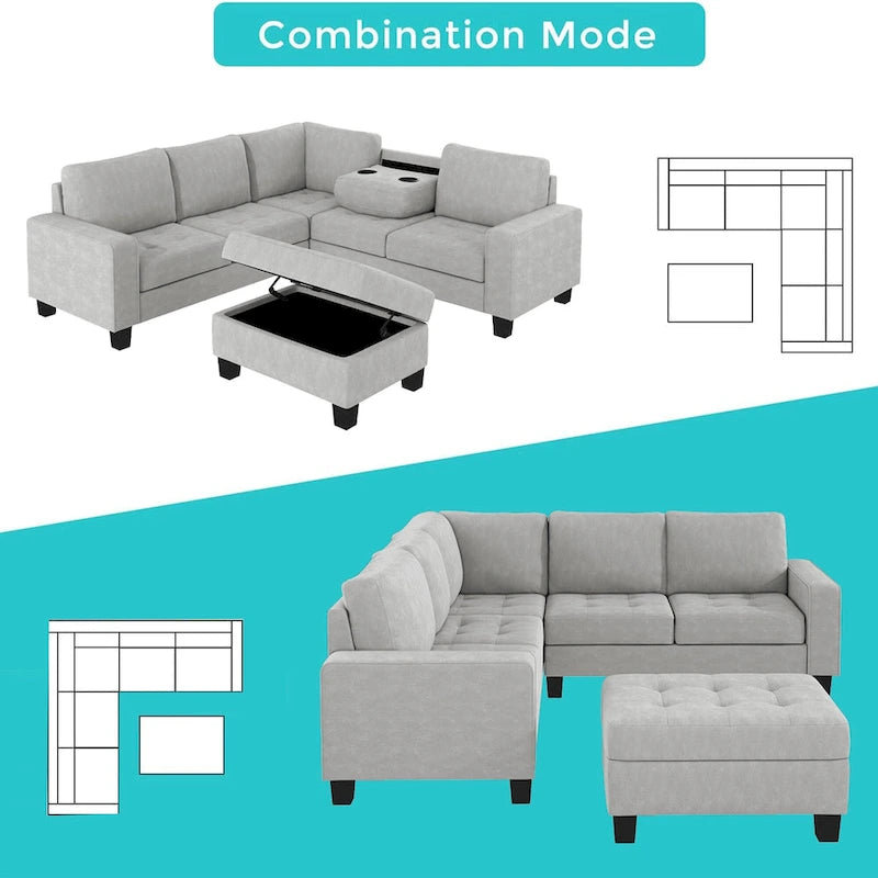 Orisfur. Canapé d'angle modulable en L peu encombrant avec pouf de rangement et porte-gobelets