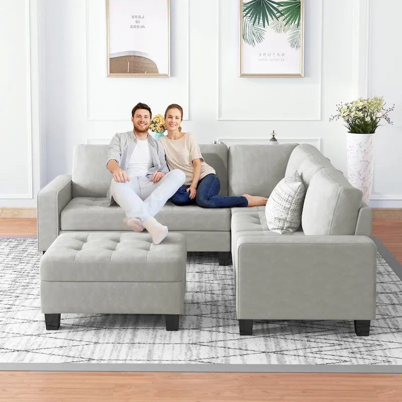 Orisfur. Canapé d'angle modulable en L peu encombrant avec pouf de rangement et porte-gobelets