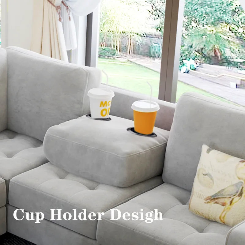 Orisfur. Canapé d'angle modulable en L peu encombrant avec pouf de rangement et porte-gobelets