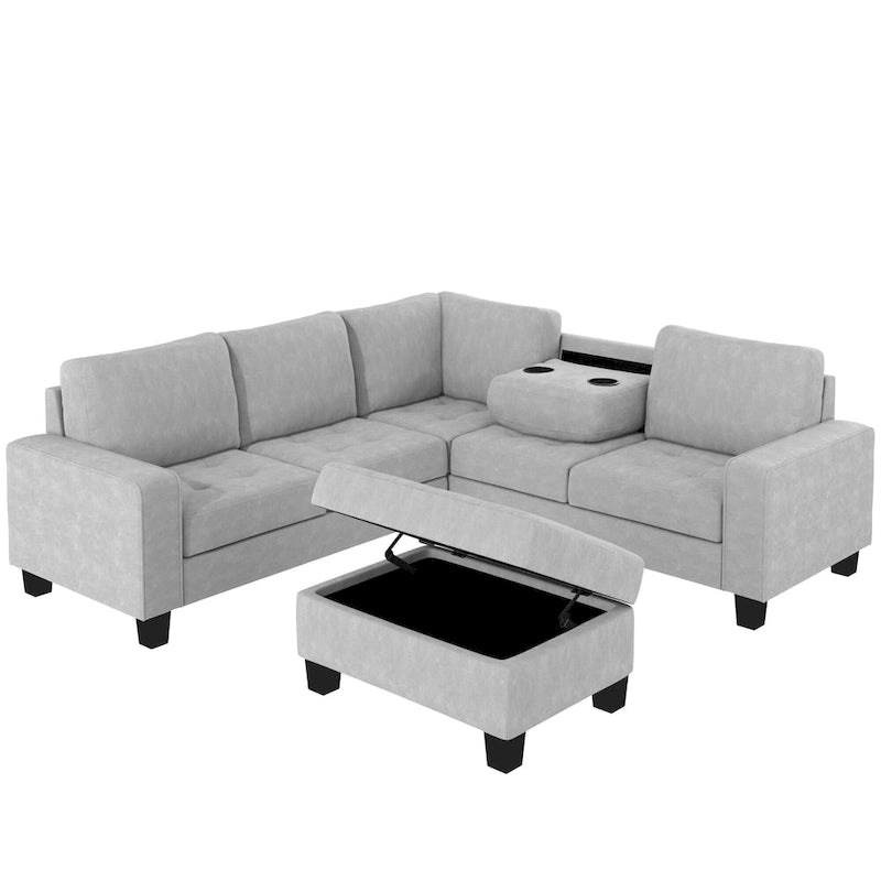 Orisfur. Canapé d'angle modulable en L peu encombrant avec pouf de rangement et porte-gobelets