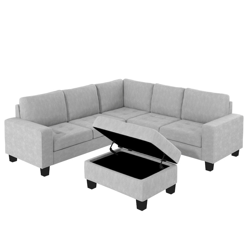 Orisfur. Canapé d'angle modulable en L peu encombrant avec pouf de rangement et porte-gobelets