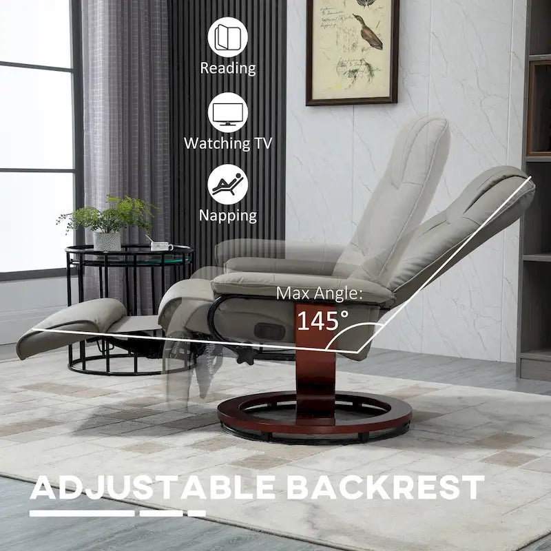 Faux Leather Manual Swivel Recliner Chair with Footrest, Armrest and Wrapped Wood Base