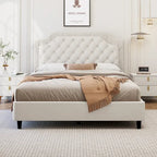 Modern Full-Size Upholstered Bed with Pleated and Button-Tufted Headboard, Solid Wood Frame and Metal Base, No Box Spring Needed