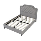 Modern Full-Size Upholstered Bed with Pleated and Button-Tufted Headboard, Solid Wood Frame and Metal Base, No Box Spring Needed