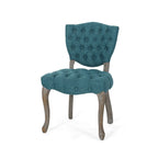 Dining Chair Set of 2, Button Tufted Teal Fabric Design, Rubberwood