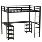 Black Metal Full Loft Bed with Desk and Shelves - L-Shaped Design