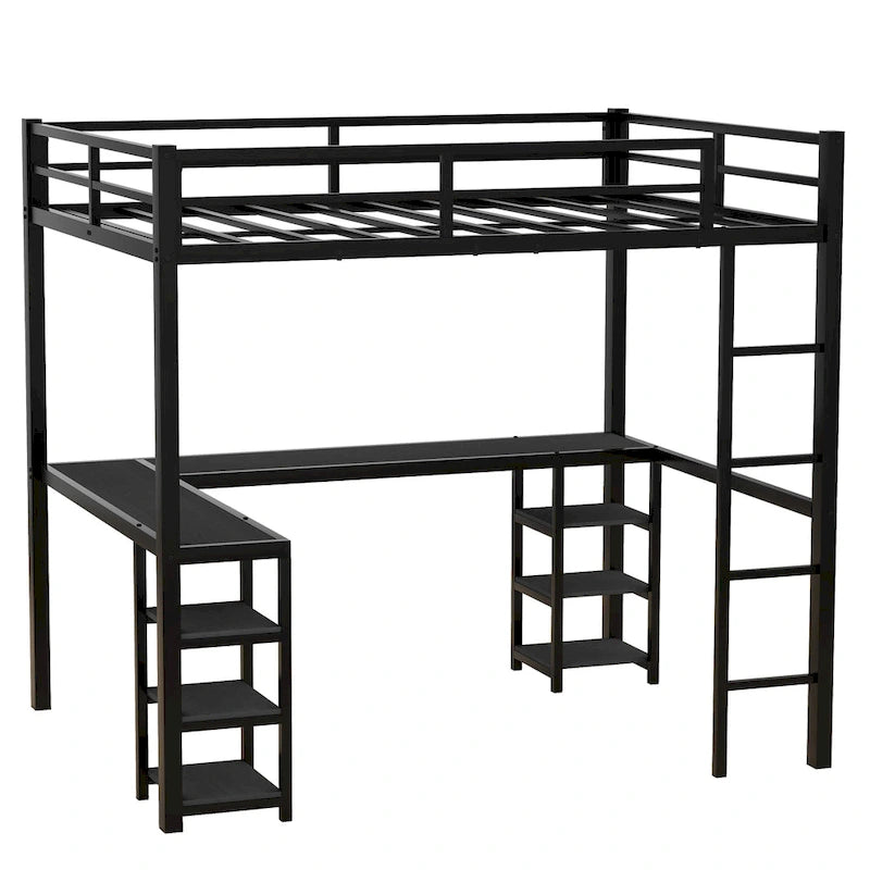 Black Metal Full Loft Bed with Desk and Shelves - L-Shaped Design
