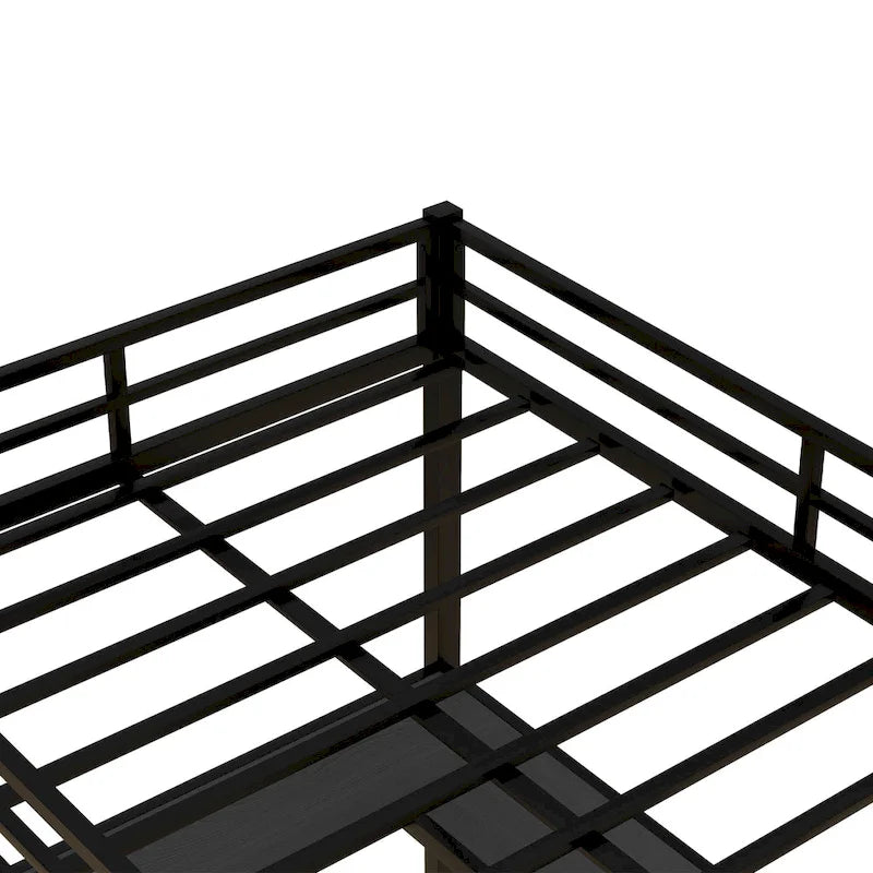Black Metal Full Loft Bed with Desk and Shelves - L-Shaped Design