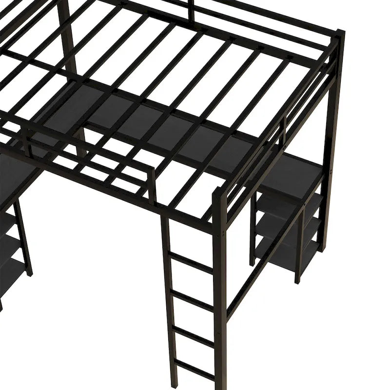 Black Metal Full Loft Bed with Desk and Shelves - L-Shaped Design