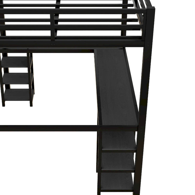 Black Metal Full Loft Bed with Desk and Shelves - L-Shaped Design
