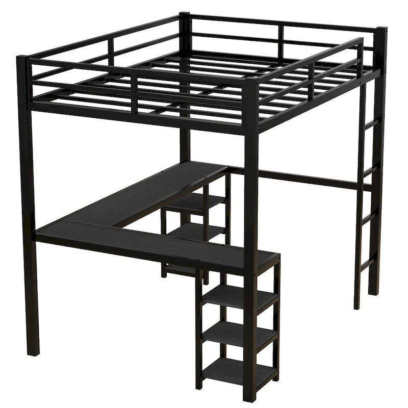 Black Metal Full Loft Bed with Desk and Shelves - L-Shaped Design