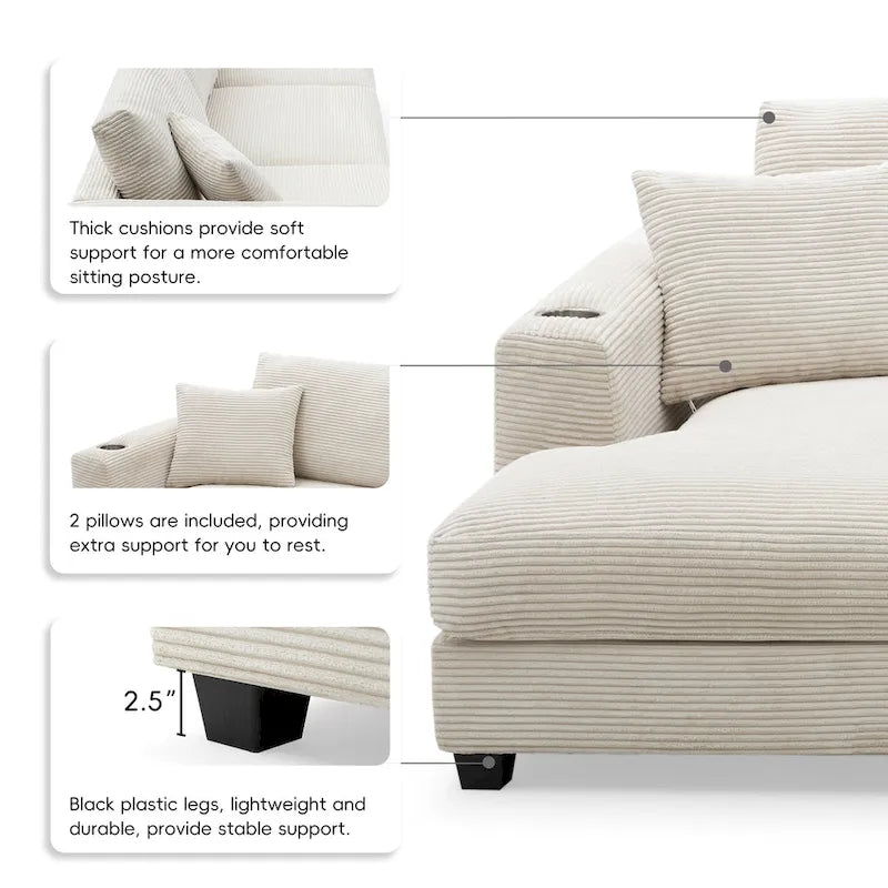 Lalo Modern Corduroy Oversized Sectional Sofa by GDFStudio