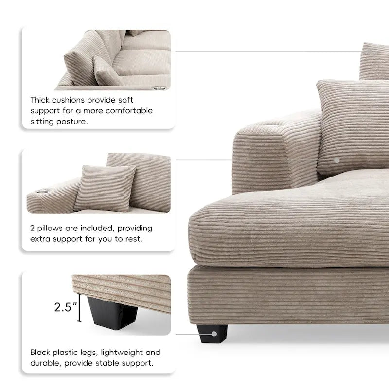 Lalo Modern Corduroy Oversized Sectional Sofa by GDFStudio