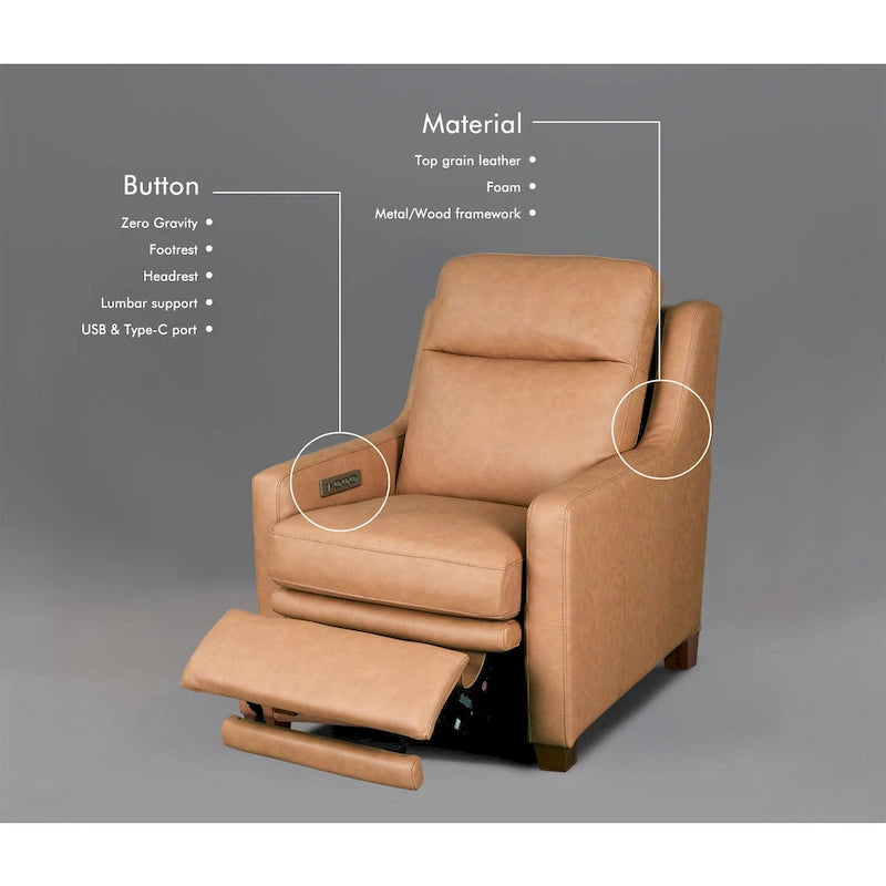 Genuine Leather Recliner Sofa 33 Triple-Motor Power Zero-Wall Reclining Couch with USB&USB-C Port