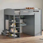 Full Size Wood Loft Bed with Desk, Wardrobes,Drawers and Shelves