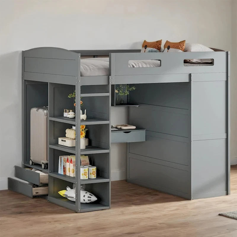 Full Size Wood Loft Bed with Desk, Wardrobes,Drawers and Shelves