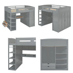 Full Size Wood Loft Bed with Desk, Wardrobes,Drawers and Shelves