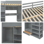 Full Size Wood Loft Bed with Desk, Wardrobes,Drawers and Shelves