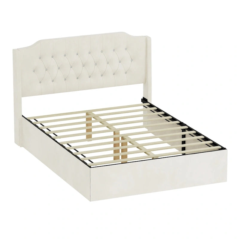 Queen Size Tufted Bed Frame with Crystal Button Accents, Wingback Headboard & Under-Bed Storage,Beige