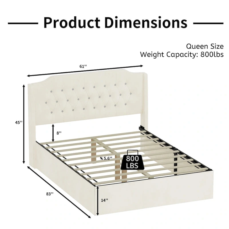 Queen Size Tufted Bed Frame with Crystal Button Accents, Wingback Headboard & Under-Bed Storage,Beige