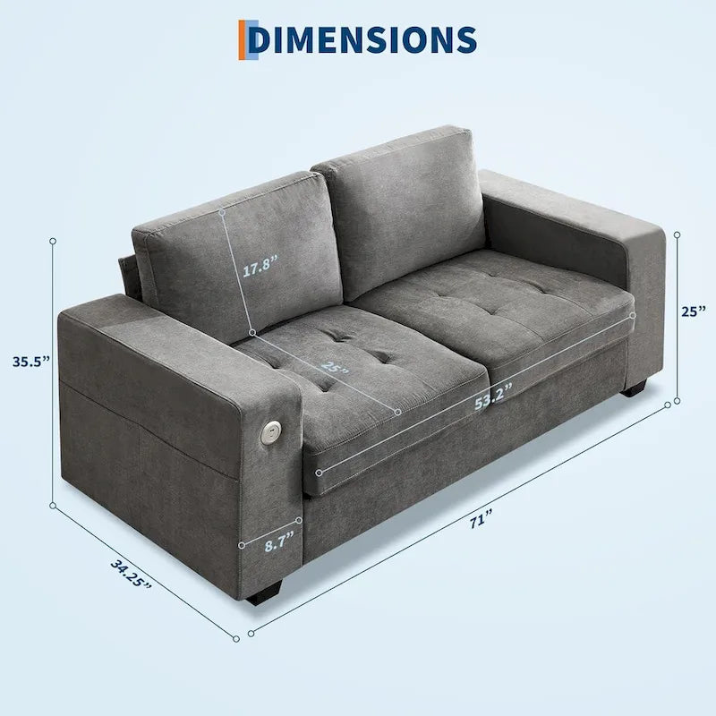 Canapé de causeuse en chenille de 70 pouces avec chargement USB Canapé d'angle moderne avec poches de rangement et housse amovible pour salon,