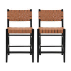 Roomfitters PU Leather Counter Stools, Set of 2 Bar Height Chairs with Woven Back and Rubberwood Frame, Black Brown
