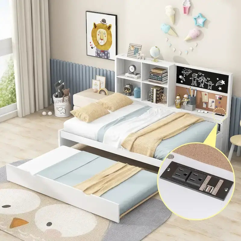 Full Pine Daybed with Blackboard, USB & Trundle