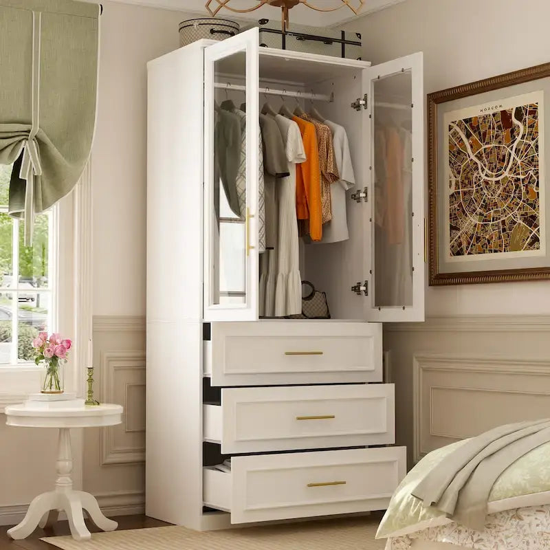 White Wardrobe Armoire Closet: Double - glass - door Design with Gold Handles and a Hanging Rod, Ideal for Organizing Clothes