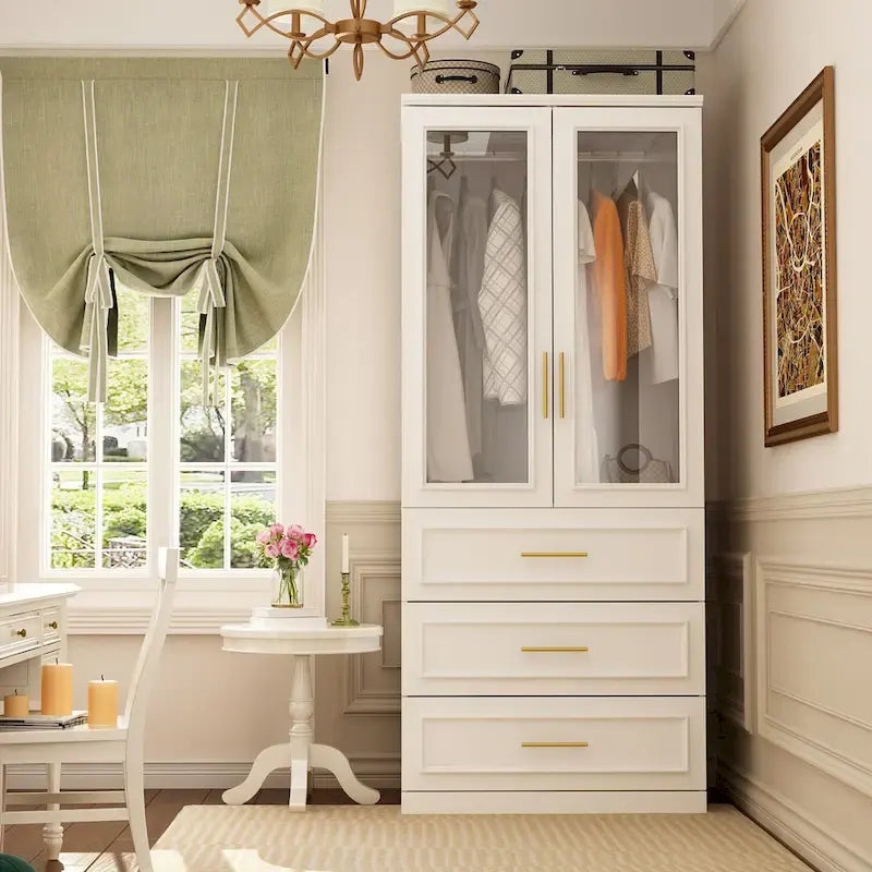 White Wardrobe Armoire Closet: Double - glass - door Design with Gold Handles and a Hanging Rod, Ideal for Organizing Clothes