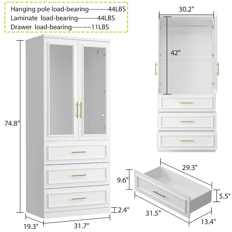 White Wardrobe Armoire Closet: Double - glass - door Design with Gold Handles and a Hanging Rod, Ideal for Organizing Clothes