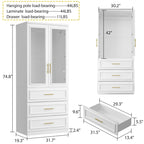 White Wardrobe Armoire Closet: Double - glass - door Design with Gold Handles and a Hanging Rod, Ideal for Organizing Clothes