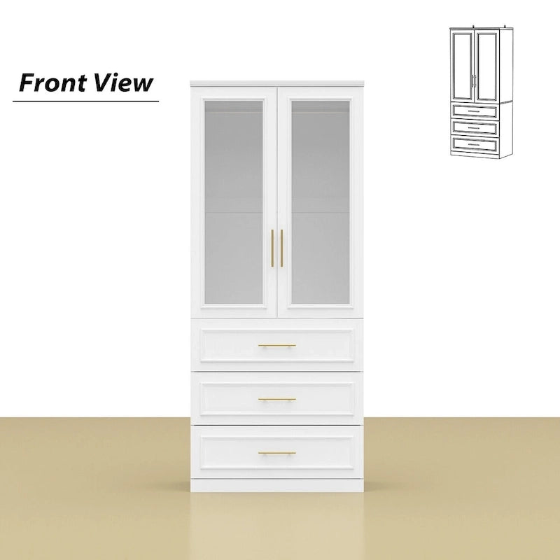 White Wardrobe Armoire Closet: Double - glass - door Design with Gold Handles and a Hanging Rod, Ideal for Organizing Clothes