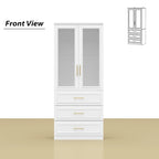 White Wardrobe Armoire Closet: Double - glass - door Design with Gold Handles and a Hanging Rod, Ideal for Organizing Clothes