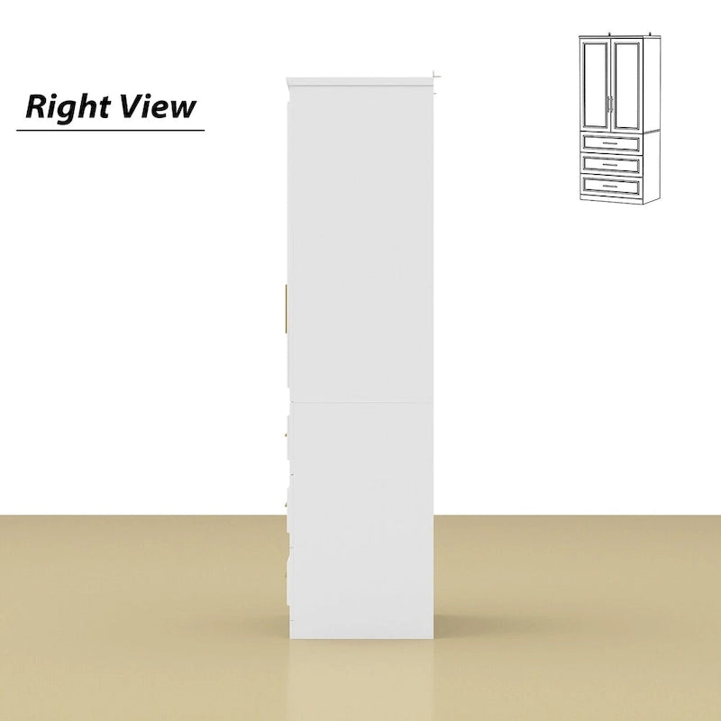 White Wardrobe Armoire Closet: Double - glass - door Design with Gold Handles and a Hanging Rod, Ideal for Organizing Clothes