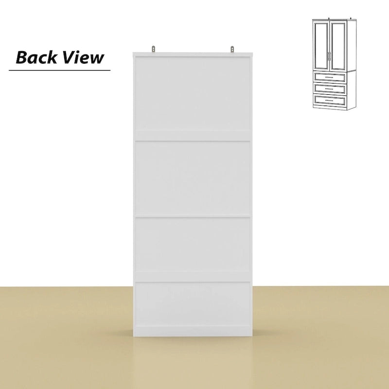 White Wardrobe Armoire Closet: Double - glass - door Design with Gold Handles and a Hanging Rod, Ideal for Organizing Clothes
