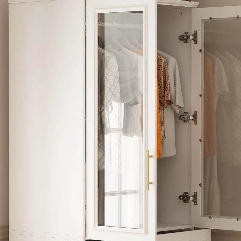 White Wardrobe Armoire Closet: Double - glass - door Design with Gold Handles and a Hanging Rod, Ideal for Organizing Clothes