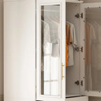 White Wardrobe Armoire Closet: Double - glass - door Design with Gold Handles and a Hanging Rod, Ideal for Organizing Clothes