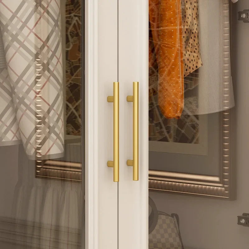 White Wardrobe Armoire Closet: Double - glass - door Design with Gold Handles and a Hanging Rod, Ideal for Organizing Clothes