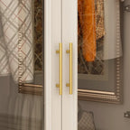 White Wardrobe Armoire Closet: Double - glass - door Design with Gold Handles and a Hanging Rod, Ideal for Organizing Clothes
