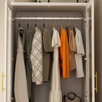 White Wardrobe Armoire Closet: Double - glass - door Design with Gold Handles and a Hanging Rod, Ideal for Organizing Clothes