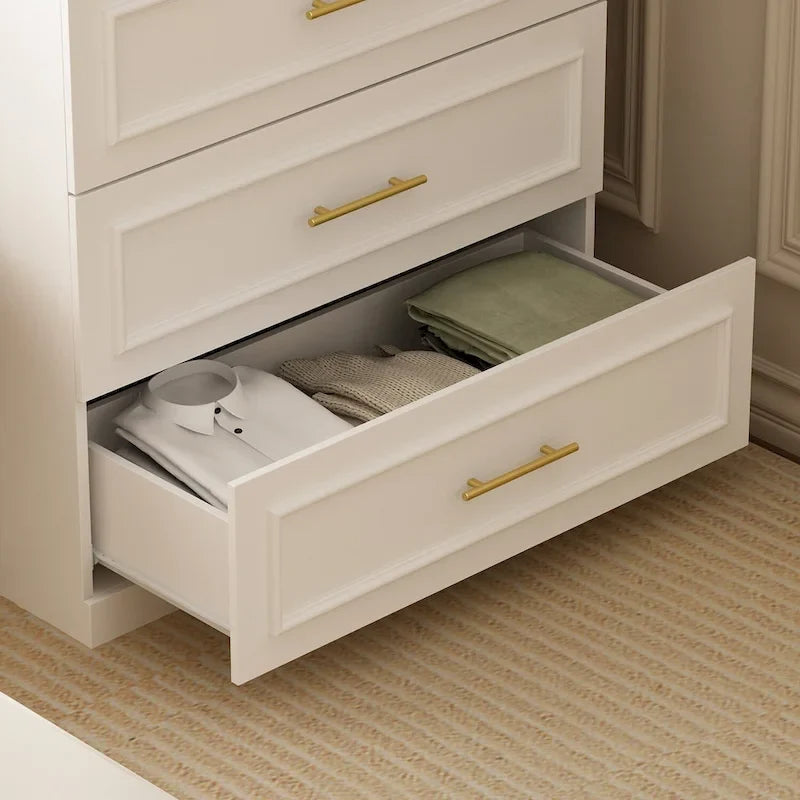 White Wardrobe Armoire Closet: Double - glass - door Design with Gold Handles and a Hanging Rod, Ideal for Organizing Clothes