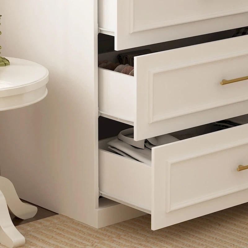 White Wardrobe Armoire Closet: Double - glass - door Design with Gold Handles and a Hanging Rod, Ideal for Organizing Clothes