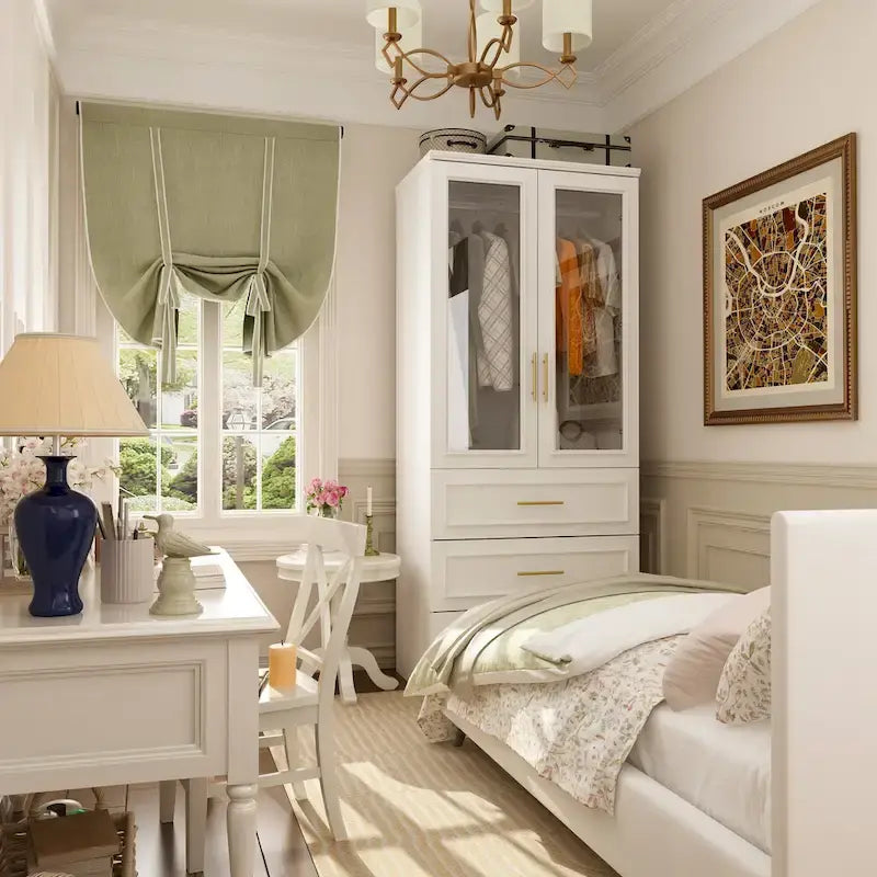 White Wardrobe Armoire Closet: Double - glass - door Design with Gold Handles and a Hanging Rod, Ideal for Organizing Clothes