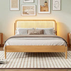 Queen Size Wood Storage Platform Bed with LED Light,Rattan Headboard