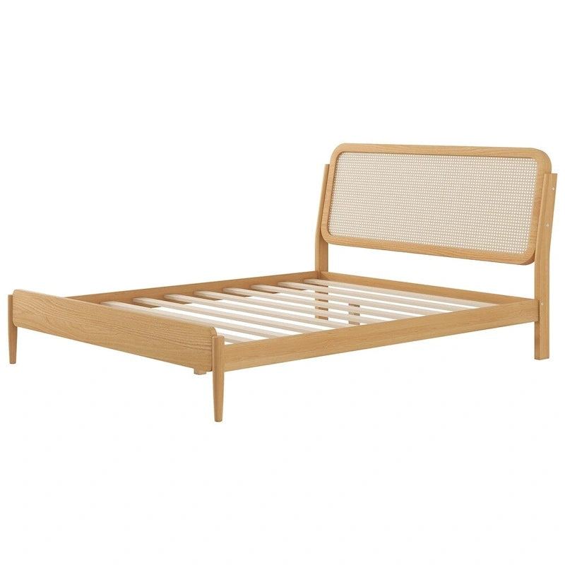 Queen Size Wood Storage Platform Bed with LED Light,Rattan Headboard