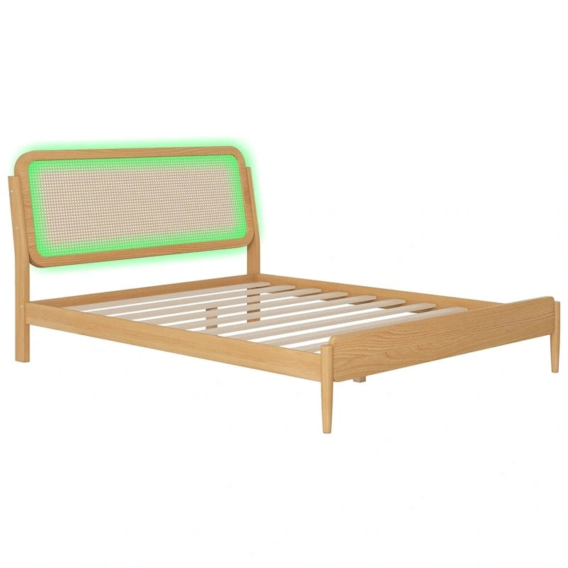Queen Size Wood Storage Platform Bed with LED Light,Rattan Headboard