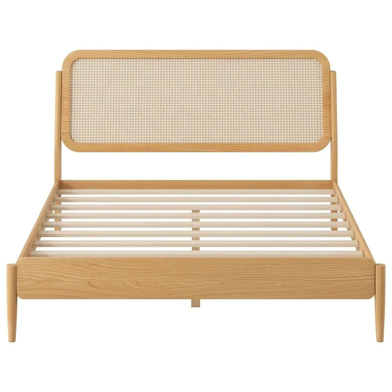 Queen Size Wood Storage Platform Bed with LED Light,Rattan Headboard